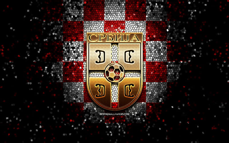 Serbian football team, glitter logo, UEFA, Europe, red white checkered background, mosaic art, soccer, Serbia National Football Team, FAS logo, football, Serbia, HD wallpaper