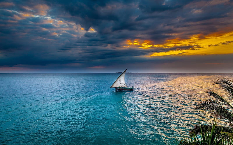 sailboat, sea, sunset, tropical island, evening, HD wallpaper