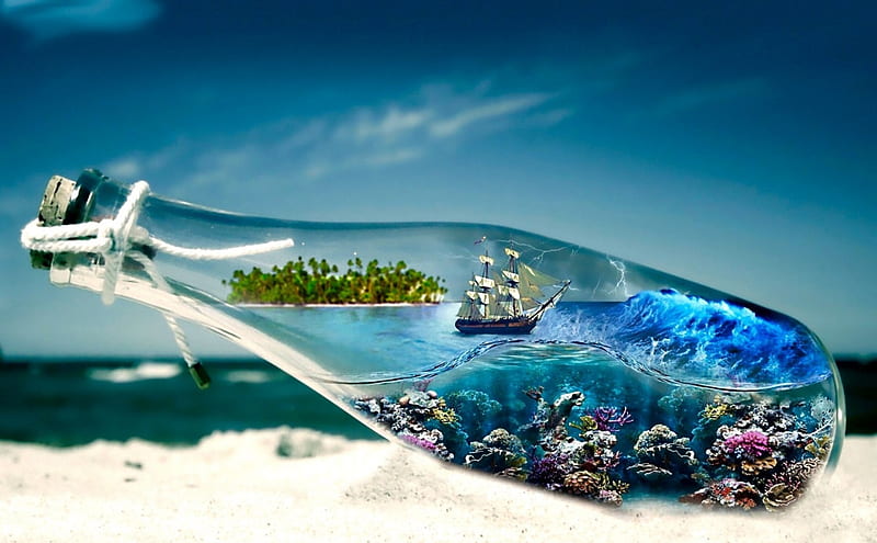 The Sea in a Bottle, shore, sand, ship, ocean, Bottle, digital art, sea, HD wallpaper