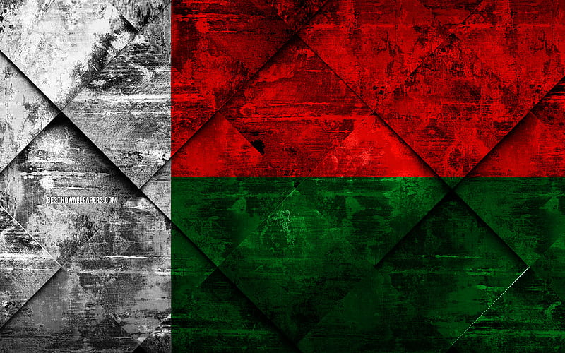 Flag of Madagascar grunge art, rhombus grunge texture, Madagascar flag, Africa, national symbols, Madagascar, creative art, HD wallpaper