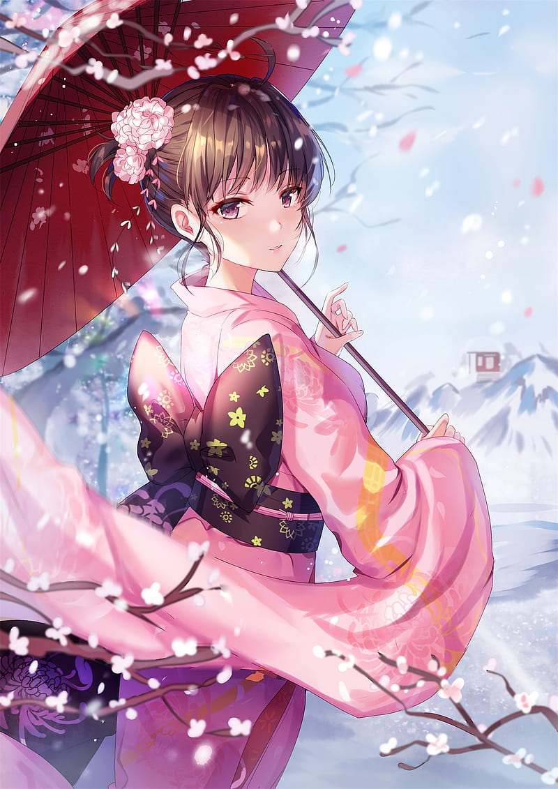 anime, anime girls, umbrella, kimono, flower in hair, Kara no Kyoukai, Ryougi Shiki, Gejigejier, HD phone wallpaper