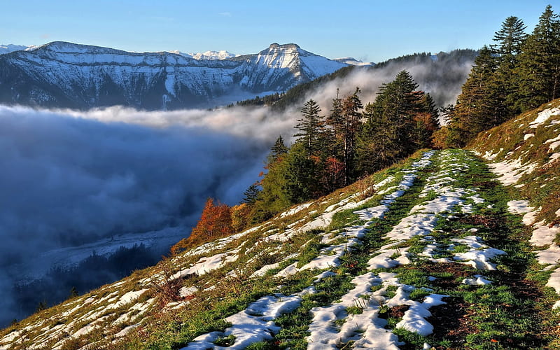 Austria, mountains, spring, clouds, fog, HD wallpaper