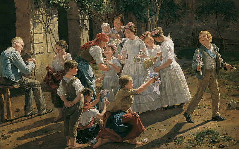 The morning of the Feast of Corpus Christi, girl, people, copil, children, old woman, art, corpus christi, ferdinand georg waldmuller, boy, painting, pictura, HD wallpaper
