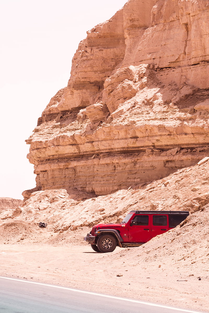 jeep wrangler, jeep, car, suv, red, rock, HD phone wallpaper