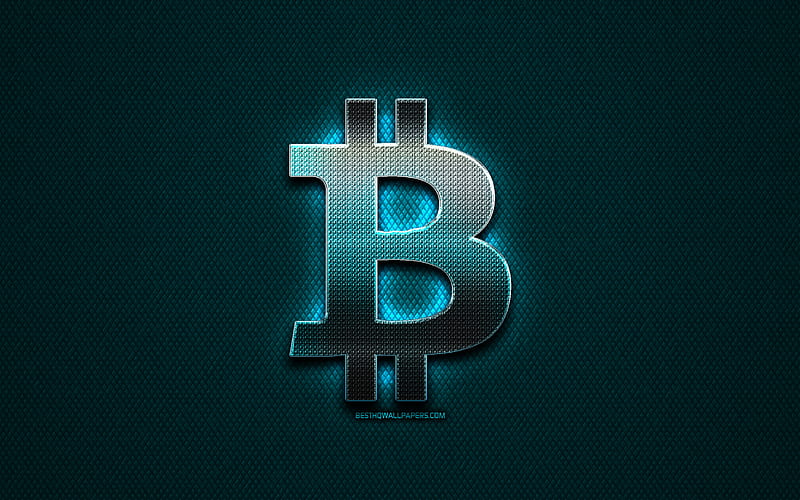 Bitcoin glitter logo, creative, cryptocurrency, blue metal background, Bitcoin logo, brands, Bitcoin, HD wallpaper