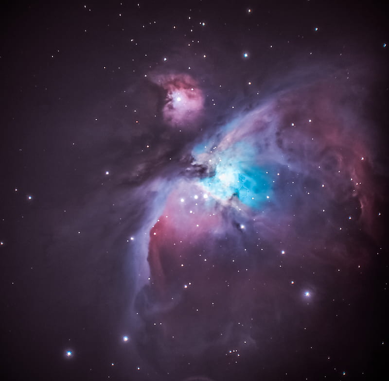 The Orion Nebula M42, astronomy, black, blue, cosmos, galaxy, hole, nebula, purple, space, star, HD wallpaper