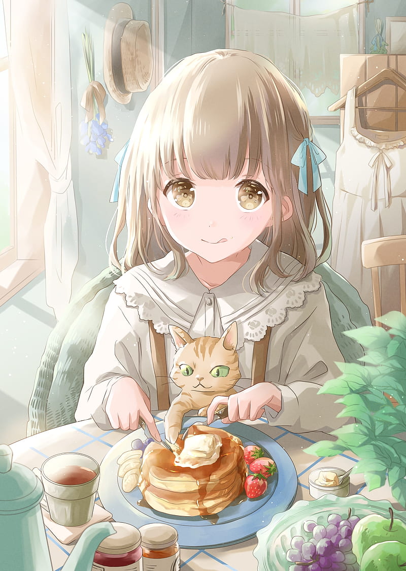 Cute anime girl, eating a pancake, cat, neko, cafe, ribbon, Anime, HD phone  wallpaper | Peakpx