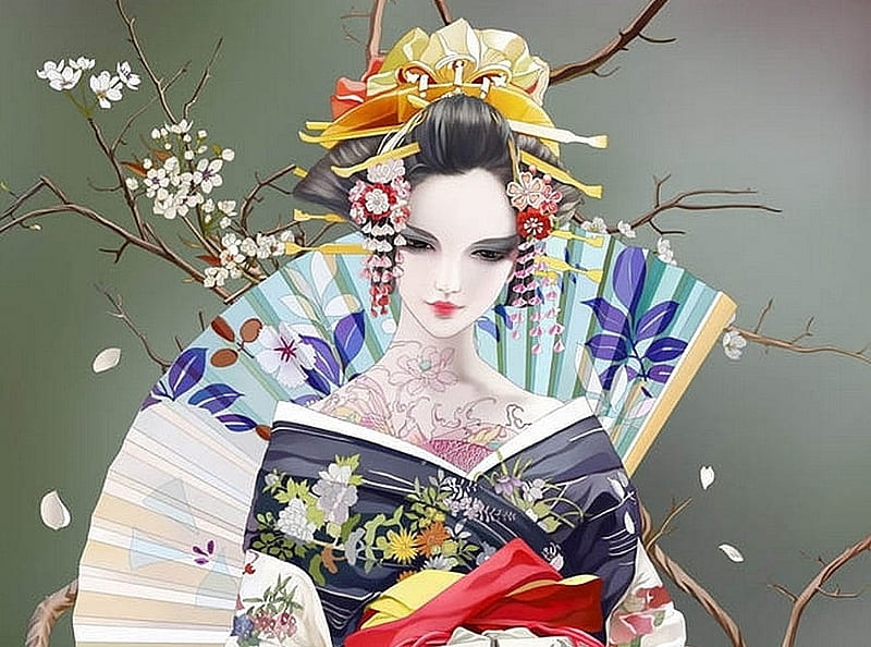 Geisha, red, luminos, tattoo, hand fan, fantasy, girl, flower, asian, fan, blue, HD wallpaper