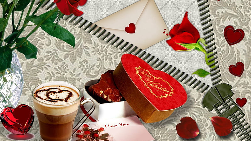 Coffee for Valentines Day, red roses, expresso, cafe, romantic, chocolate, cappuccino, box of candy, corazones, card, Valentines Day, coffee, envelope, zipper, gifts, letter, HD wallpaper