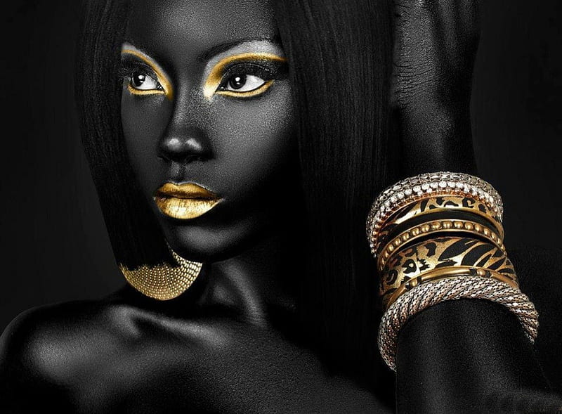 Belleza negra, maquillaje dorado, ojos hermosos, brazaletes de oro, labios  dorados, Fondo de pantalla HD | Peakpx