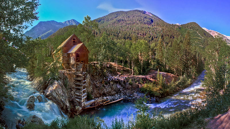 Crystal Mill Pano, Colorado, mill, sky, mountain, water, day, nature, crystal, river, blue, HD wallpaper