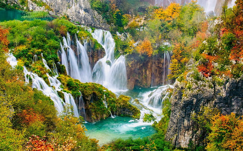 Plitvice Lakes, waterfalls, lakes, autumn, forest, autumn landscape, Croatia, HD wallpaper