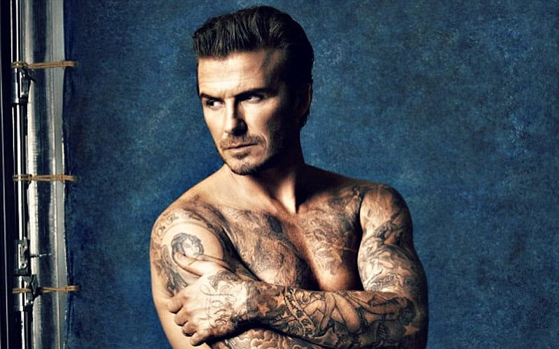 David Beckham, footballer, model, tattoo, man, blue, HD wallpaper
