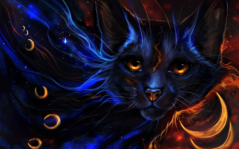 Fantasy cat, art, moon, luminos, orange, cat, animal, fantasy, moon, flashw, eyes, pisica, blue, HD wallpaper