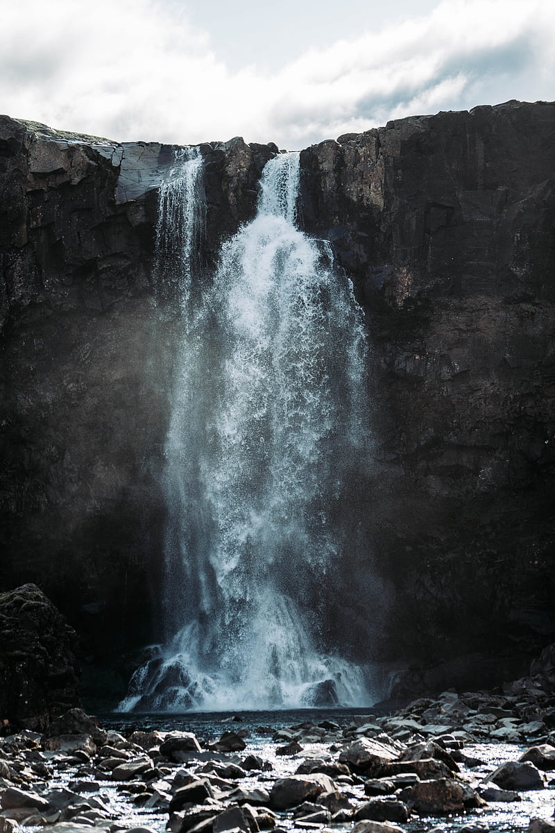 waterfall, cliff, water, stones, landscape, HD phone wallpaper