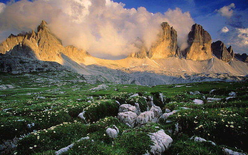 Italian Landscape, snow, mountains, flowers, nature, clouds, meadow, landscape, HD wallpaper
