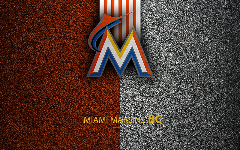 Miami Marlins American baseball club, National League, leather texture, logo, MLB, Miami, Florida, USA, Major League Baseball, emblem, HD wallpaper