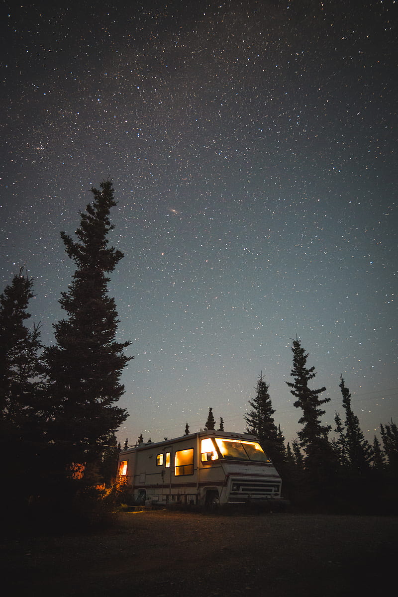 lighted white recreational vehicle into the woods, HD phone wallpaper
