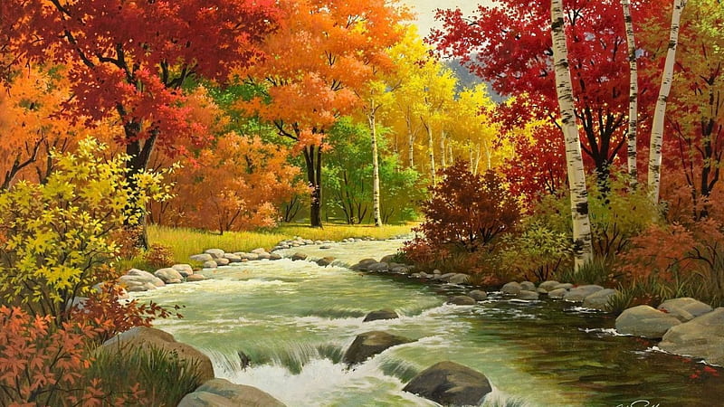 Autumn, Landscape, Painting, River, Wood laptop Background. Landscape ...