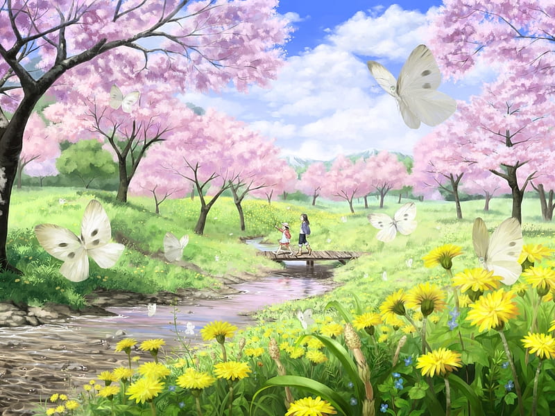 Paisaje anime, sakura, árbol, mariposa, flor, camino, naturaleza, Fondo de  pantalla HD | Peakpx