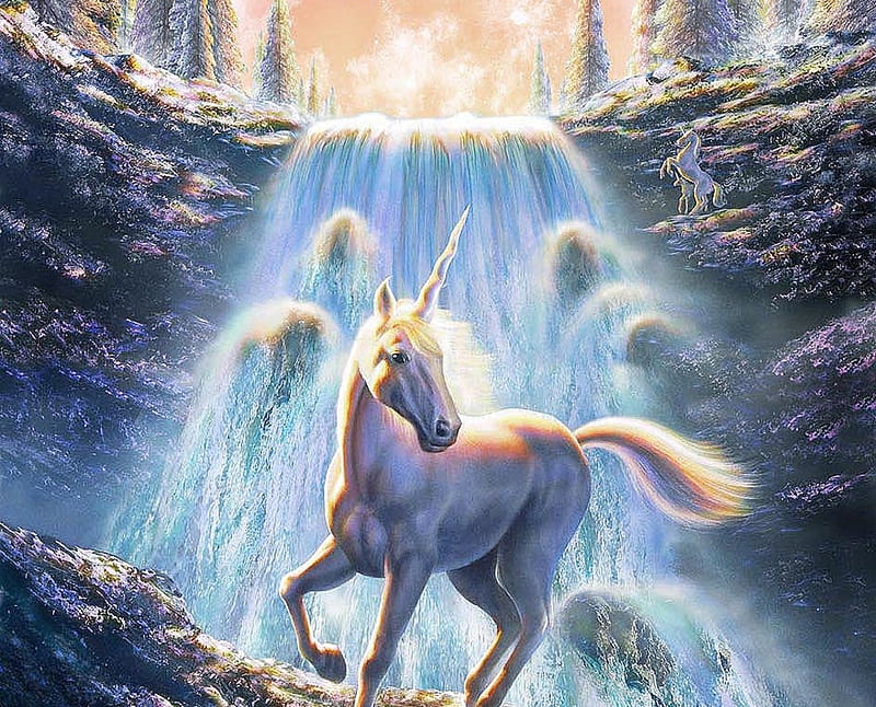 Unicorn, water, fantasy, adrian chesterman, waterfall, white, blue, HD wallpaper