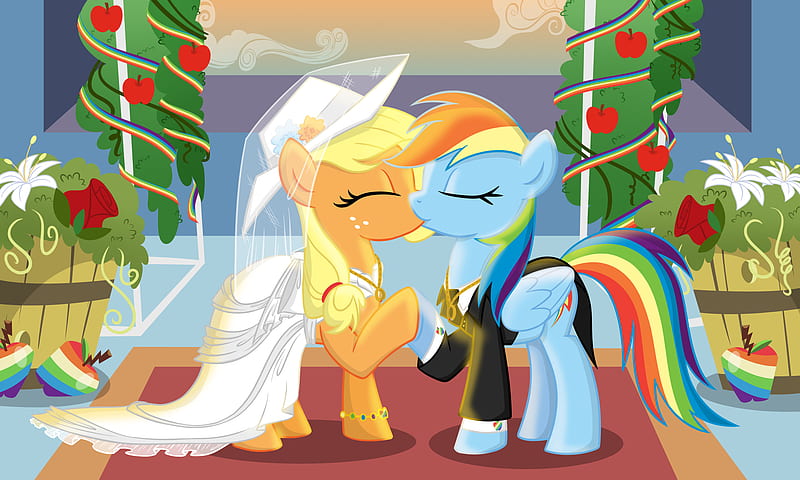 My Little Pony, My Little Pony: Friendship is Magic, Applejack (My Little Pony) , Kiss , Rainbow Dash , Wedding, HD wallpaper