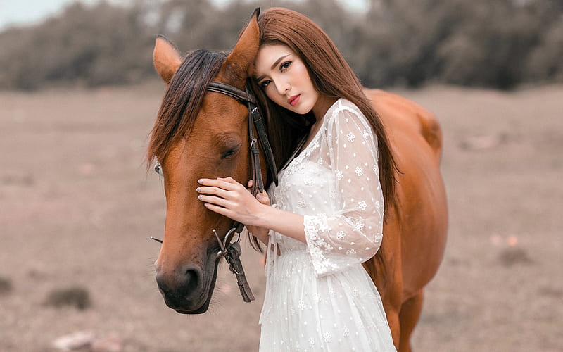 White skirt and horse 2020 China Beauty Model, HD wallpaper