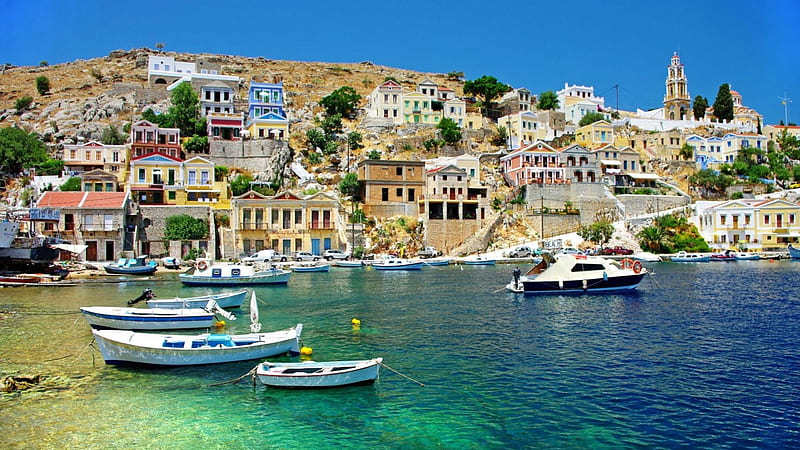 greek coastal village, village, boats, hill, coast, HD wallpaper