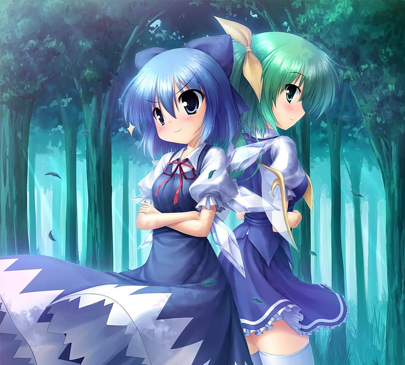 Cirno n Daiyousei, pretty, cirno, dress, adorable, wing, sweet, nice, anime, touhou, anime girl, fairy, female, wings, lovely, gown, daiyousei, short hair, cute, kawaii, girl, blue hair, green hair, HD wallpaper