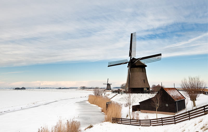 Winter windmill, windmill, snow, winter, landscape, HD wallpaper