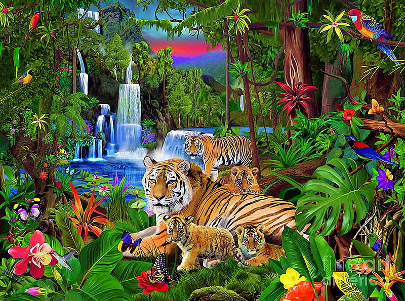 Tigers of the Forest, digital, flowers, waterfall, tiger, cubs, butterflies, artwork, HD wallpaper