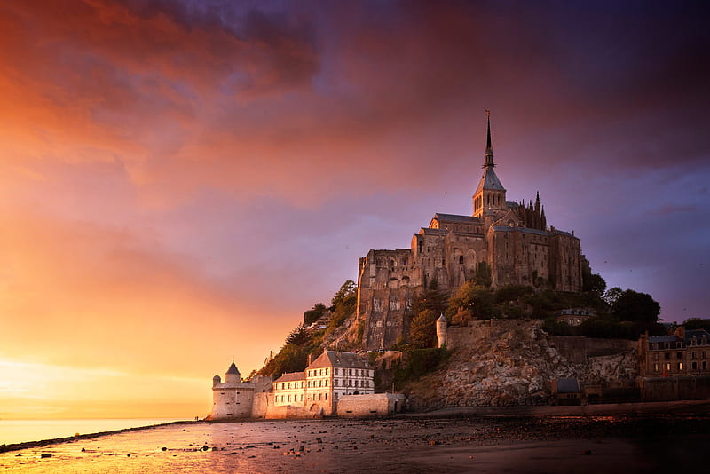 Religious, Mont Saint-Michel, France, Normandy, Rock, Sunset, HD wallpaper