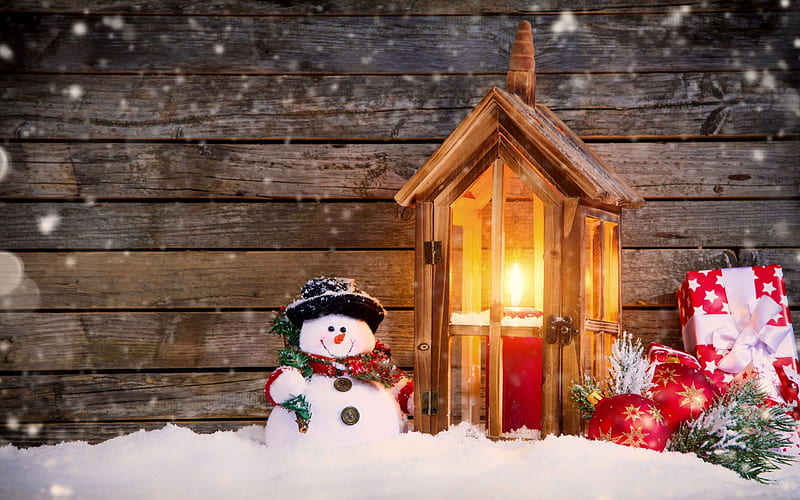 Christmas, Christmas decoration, lamp with candle, snowman, HD wallpaper