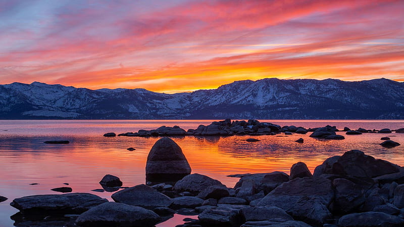 Winter sunset in Tahoe, California, snow, colors, clouds, landscape, sky, rocks, stones, usa, HD wallpaper