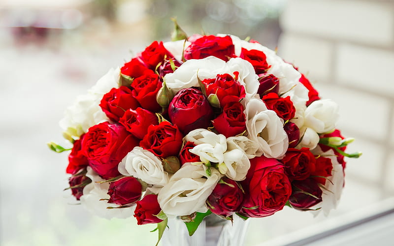 wedding bouquet, red white flowers, roses, bridal bouquet, wedding, HD wallpaper