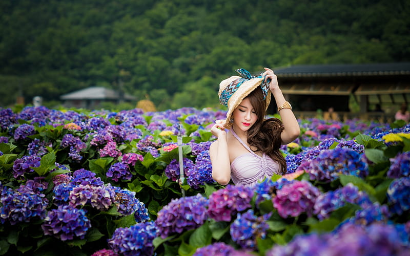 Beauty, flower, asian, garden, pink, woman, model, hat, girl, purple, green, HD wallpaper