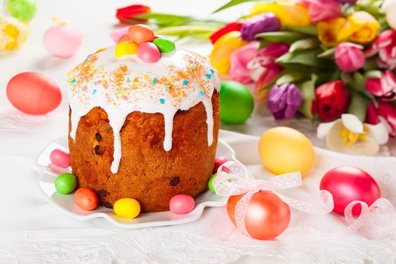Happy Easter, cake, holiday, eggs, flowers, tulips, easter, happy, HD wallpaper