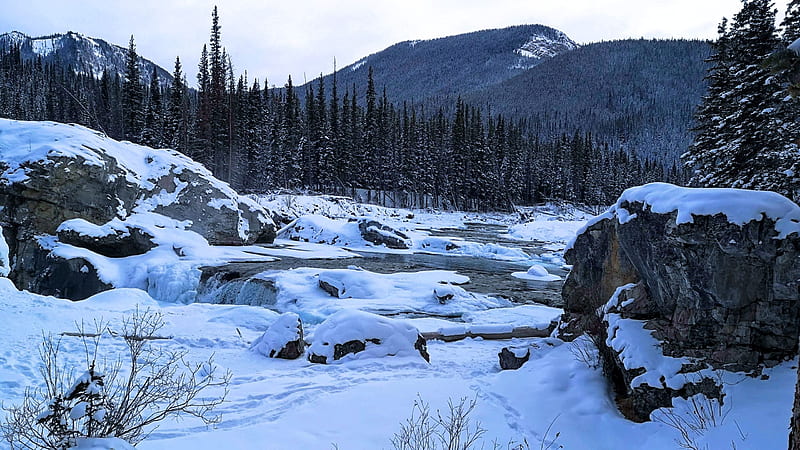 Elbow River, Alberta, snow, winter, canada, mountains, ice, landscape, HD wallpaper