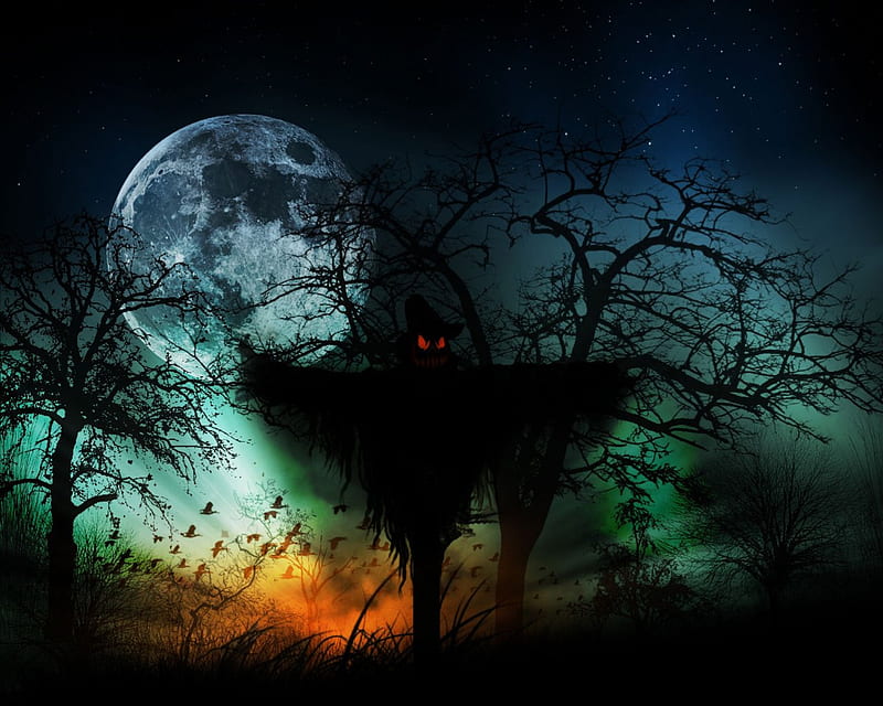 Halloween Night, moon, dark, scary, scarecrow, trees, HD wallpaper