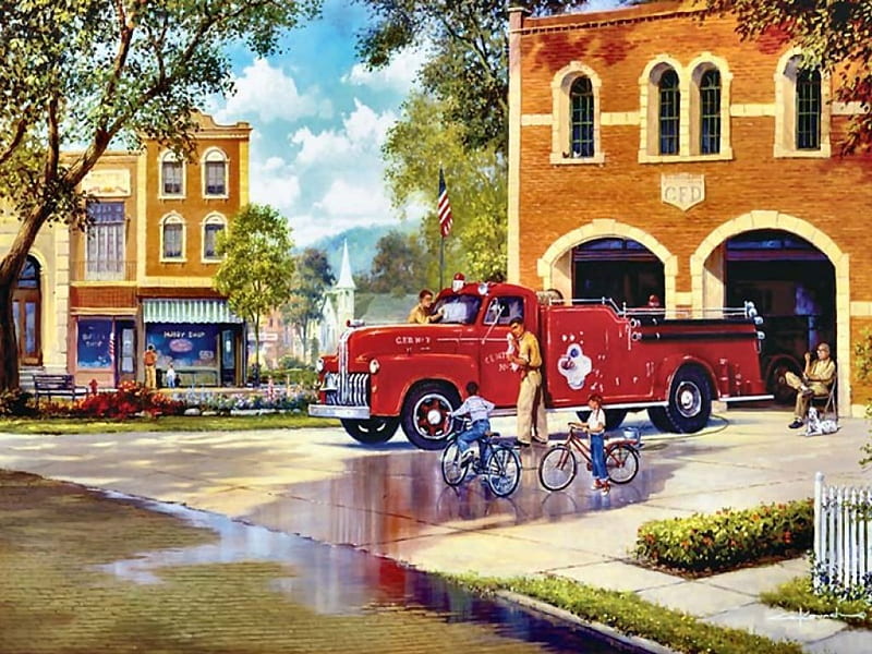 Days to Remember 1, architecture, art, cityscape, artwork, fire engine, painting, wide screen, scenery, fire house, HD wallpaper