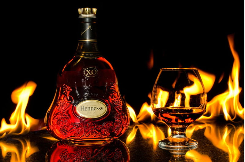 Hennessy Still Life, Hennessy, cognac, bottle, liqueur, fire, still life, glass, snifter, drink, HD wallpaper