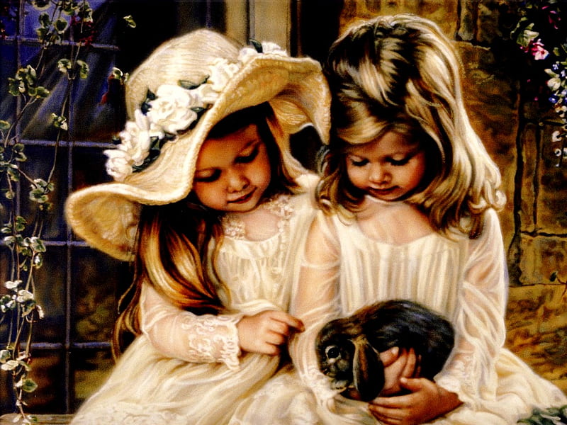 CHILDREN OF SPRING, window, spring, happy, hat, painting, flowers, bunny, girls, white dress, kids, HD wallpaper