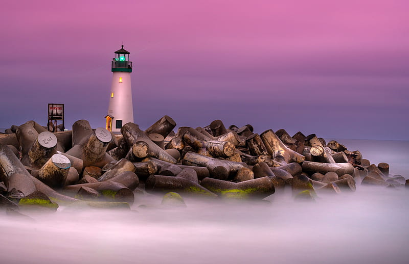 watchtower, rocks, sunset, shore, twilight, seascape, Nature, HD wallpaper