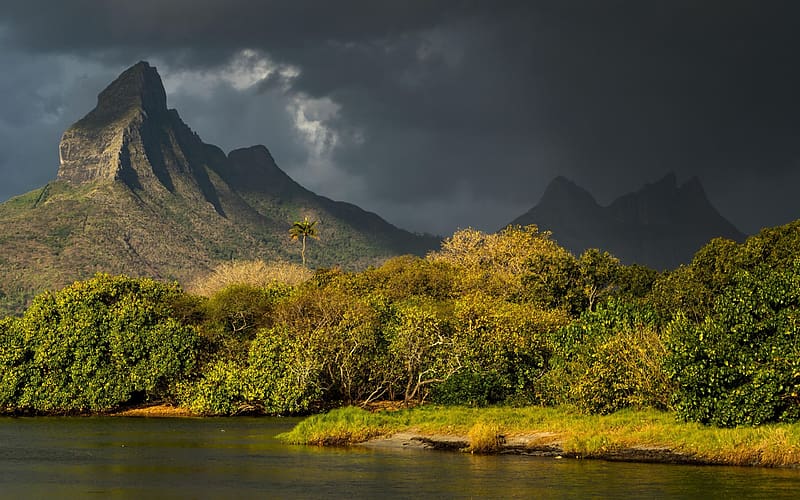 Mountain landscapes on the island of Mauritius, clouds, landscape, trees, sky, peaks, HD wallpaper