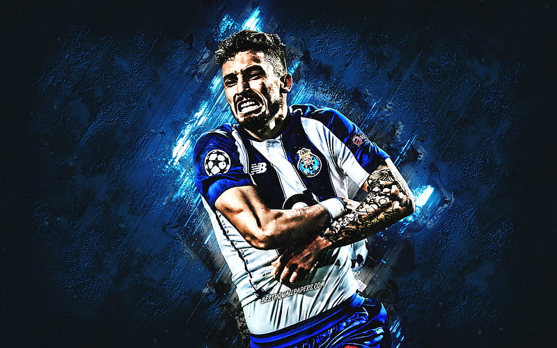 Alex Telles, FC Porto, Brazilian soccer player, defender, portrait, blue stone background, creative art, football, HD wallpaper