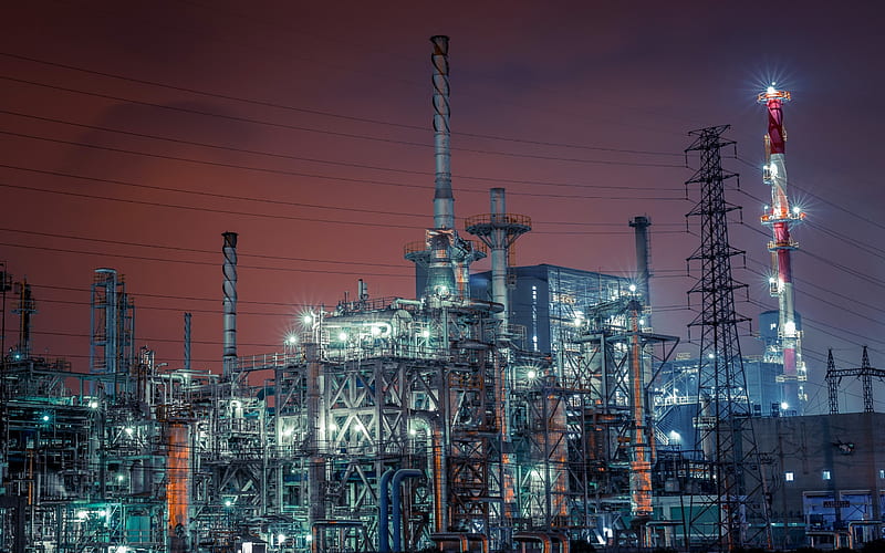 plant, industry, night, lights, refining, oil refining factory, pipes, gasoline production, HD wallpaper