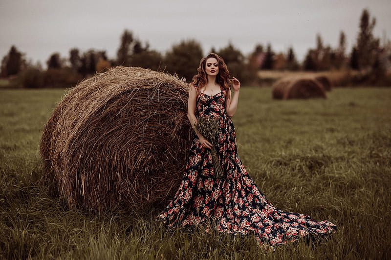 Elegant In A Hayfield . ., dress, bale, cowgirl, ranch, hay, women, outdoors, brunettes, style, western, HD wallpaper