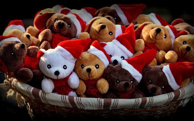 Christmas, New Year, teddy bears, basket with toys, Happy Christmas, HD wallpaper