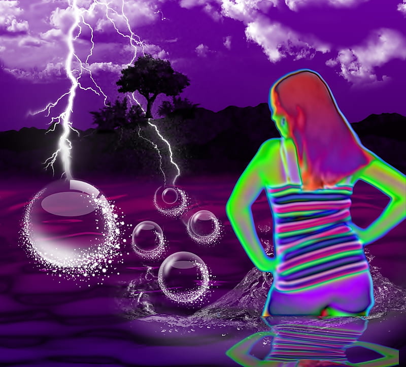 Lightning Strikes, forces, clouds, waters, lightning, girl, bubbles, chances, shadows, scenery, current, splashes, HD wallpaper