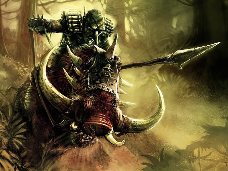 Dark War, spear, ride, beast, troll, creature, armour, HD wallpaper
